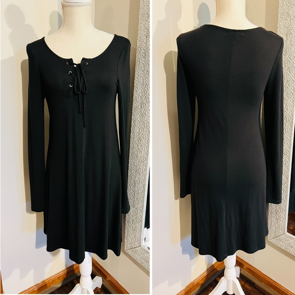 Black Lace Up Soft Jersey Knit T-Shirt Long Sleeve Mini Dress Size Small